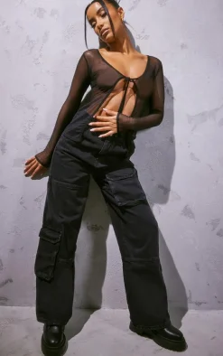 Black Cargo Pocket Wide Leg Jeans