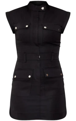 Black Cargo Sleeveless Pocket Detail Bodycon Mini Dress