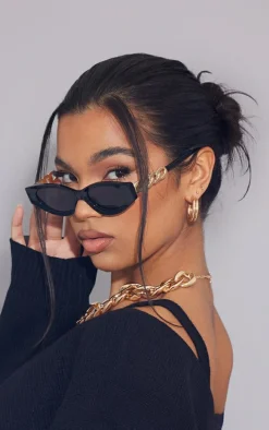 Black Chain Detail Round Cat Eye Sunglasses