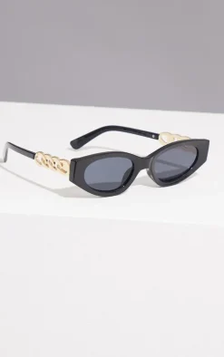 Black Chain Detail Round Cat Eye Sunglasses