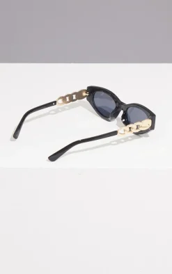 Black Chain Detail Round Cat Eye Sunglasses
