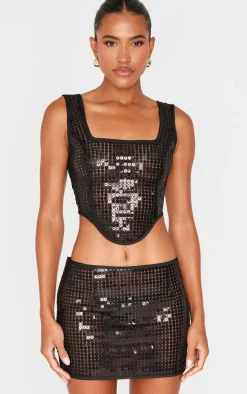 Black Chain Sequin Micro Mini Low Rise Skirt