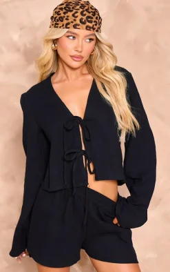 Black Cheesecloth Tie Front Long Sleeve Top