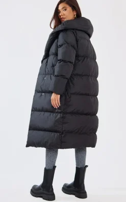 Black Chevron Quilted Maxi Puffer Coat