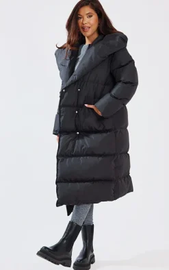 Black Chevron Quilted Maxi Puffer Coat