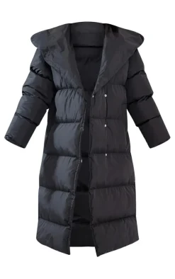 Black Chevron Quilted Maxi Puffer Coat