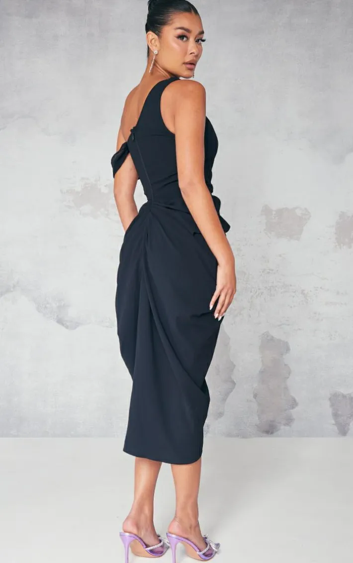 Black Chiffon Asymmetric Strap Draped Midi Dress