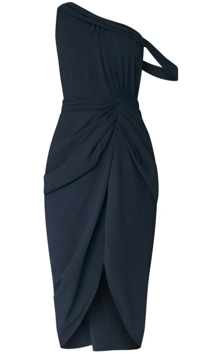 Black Chiffon Asymmetric Strap Draped Midi Dress