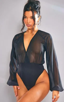 Black Chiffon Balloon Sleeve Plunge Bodysuit