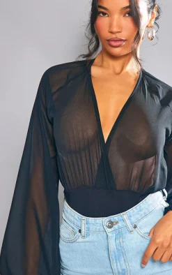 Black Chiffon Balloon Sleeve Plunge Bodysuit