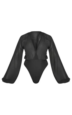 Black Chiffon Balloon Sleeve Plunge Bodysuit