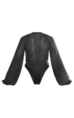Black Chiffon Balloon Sleeve Plunge Bodysuit