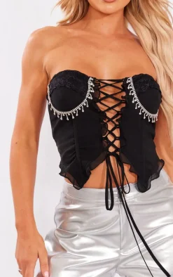 Black Chiffon Boned Diamante Trim Lace Up Bandeau Crop Top