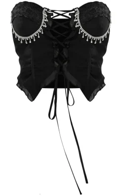 Black Chiffon Boned Diamante Trim Lace Up Bandeau Crop Top