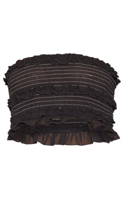 Black Chiffon Contrast Stitch Shirred Bandeau Crop Top