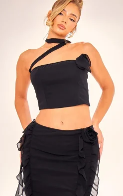 Black Chiffon Corset Rosette Scarf Detail Top
