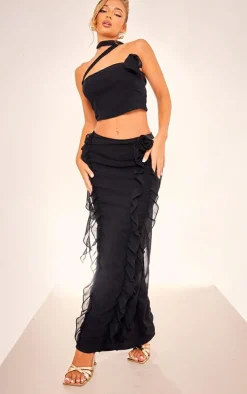 Black Chiffon Corset Rosette Scarf Detail Top