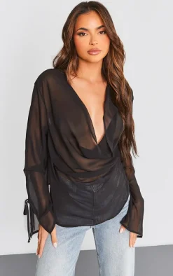 Black Chiffon Cowl Long Sleeve Blouse