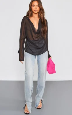 Black Chiffon Cowl Long Sleeve Blouse