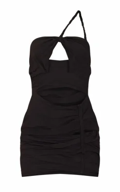 Black Chiffon Cut Out Plait Detail One Shoulder Bodycon Dress