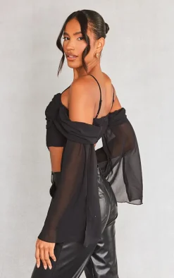 Black Chiffon Drape Hook And Eye Flare Sleeve Corset