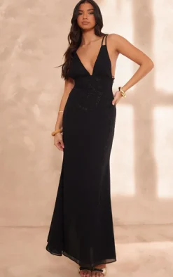 Black Chiffon Floral Detail Maxi Dress