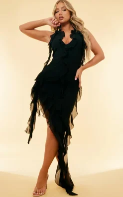 Black Chiffon Frill Detail Plunge Midaxi Dress