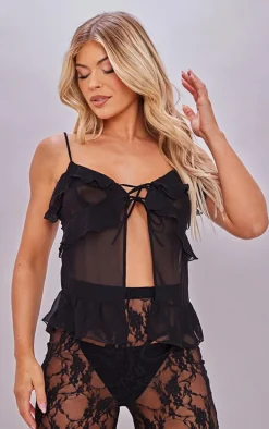Black Chiffon Frill Tie Front Cami Top