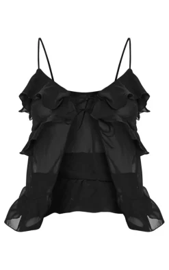 Black Chiffon Frill Tie Front Cami Top