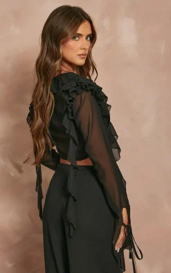 Black Chiffon Frill Tie Split Sleeve Crop Top