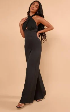 Black Chiffon Halter Neck Tie Detail Jumpsuit