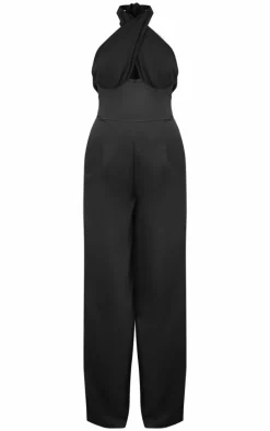 Black Chiffon Halter Neck Tie Detail Jumpsuit