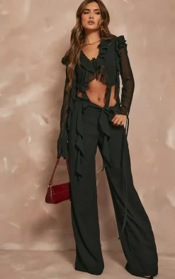 Black Chiffon Mid Rise Wide Leg Pants