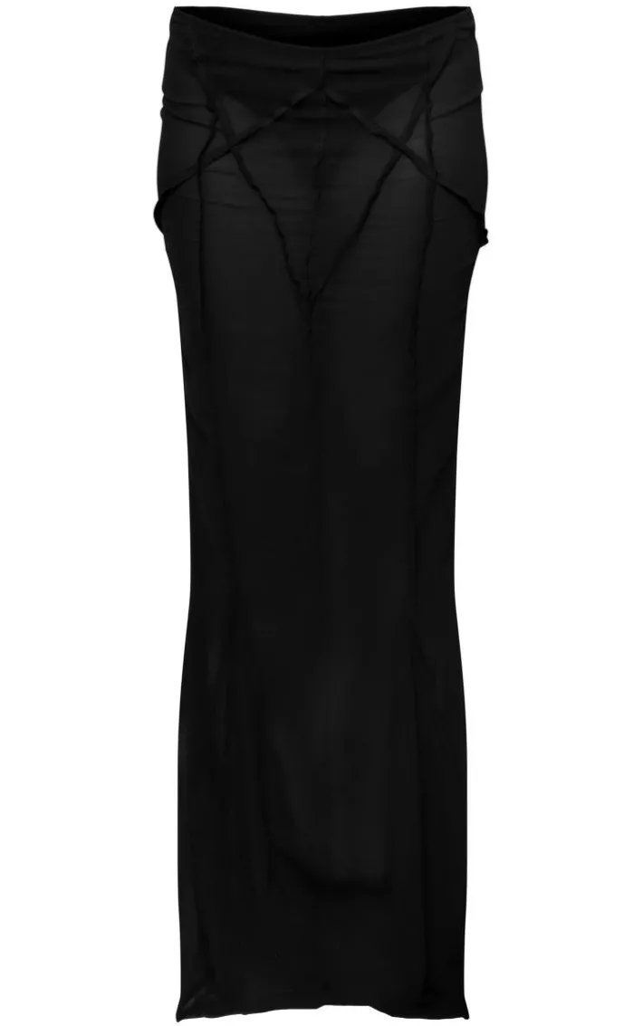 Black Chiffon Overlock Seam Detail Fish Tail Maxi Skirt