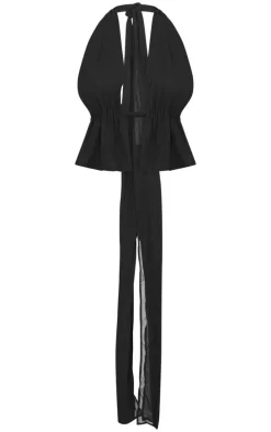 Black Chiffon Plunge Backless Long Top