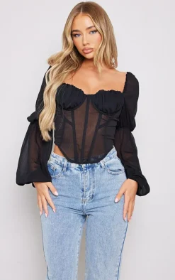 Black Chiffon Ruched Bust Balloon Sleeve Long Sleeve Boned Corset