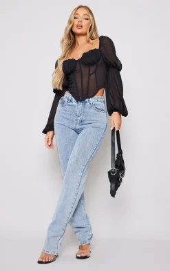 Black Chiffon Ruched Bust Balloon Sleeve Long Sleeve Boned Corset