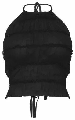 Black Chiffon Ruched Halterneck Longline Top