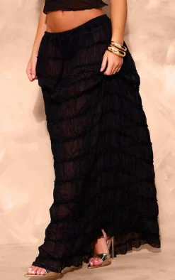 Black Chiffon Ruched Netting Detail Maxi Skirt