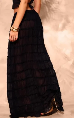 Black Chiffon Ruched Netting Detail Maxi Skirt