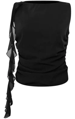 Black Chiffon Ruffle Detail Sleeveless Top
