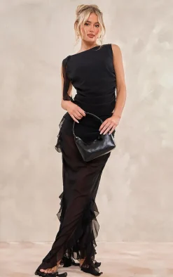 Black Chiffon Ruffle Detail Midaxi Skirt