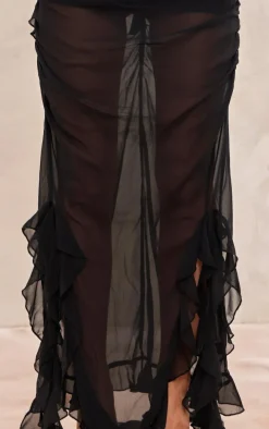 Black Chiffon Ruffle Detail Midaxi Skirt