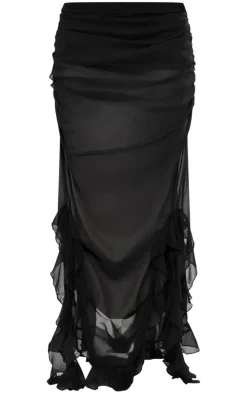 Black Chiffon Ruffle Detail Midaxi Skirt