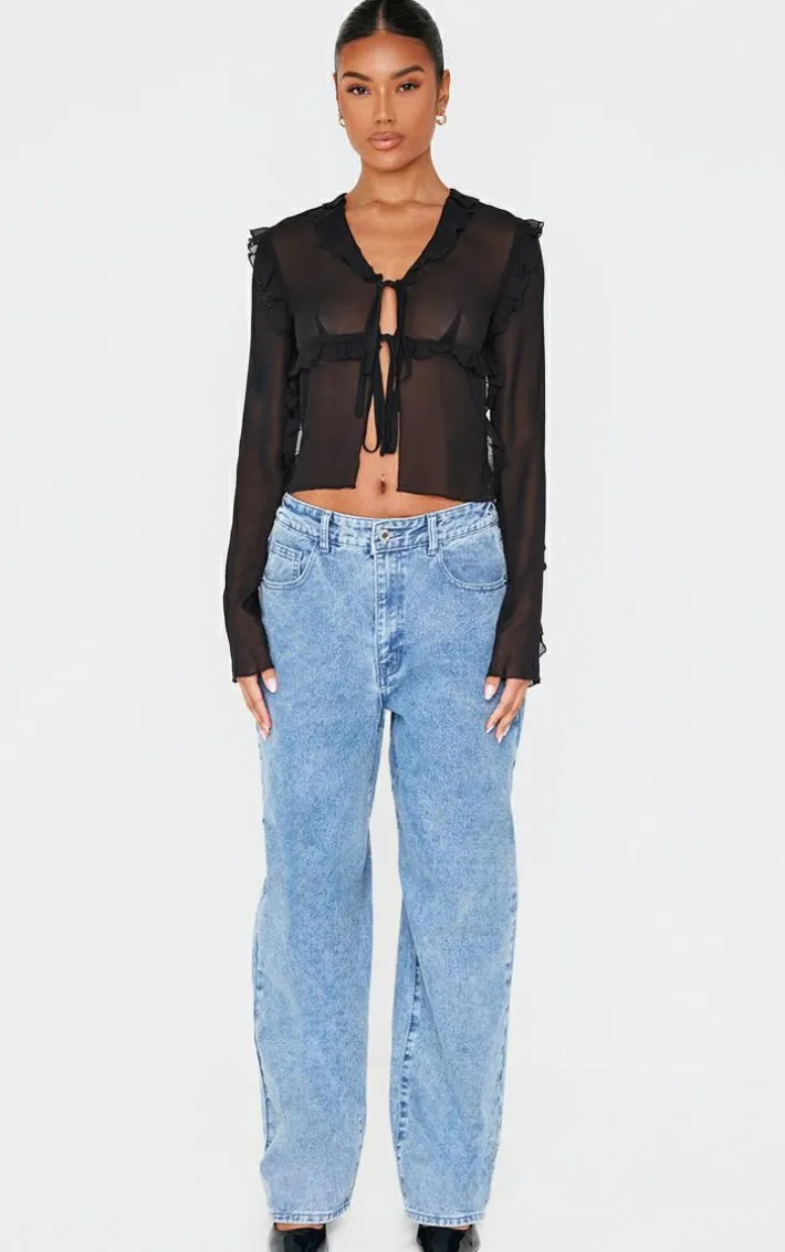 Black Chiffon Ruffle Fitted Tie Front Blouse