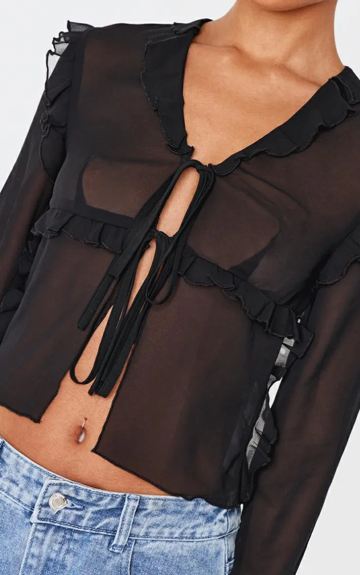 Black Chiffon Ruffle Fitted Tie Front Blouse