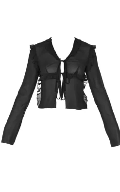 Black Chiffon Ruffle Fitted Tie Front Blouse