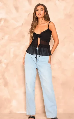 Black Chiffon Tie Front Ruffle Top