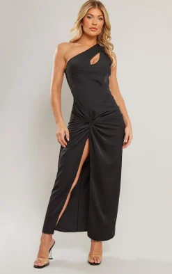 Black Chiffon Twist Detail One Shoulder Cut Out Midaxi Dress