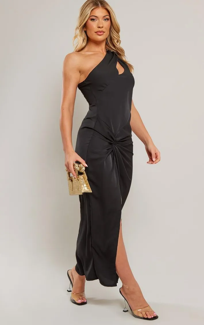 Black Chiffon Twist Detail One Shoulder Cut Out Midaxi Dress